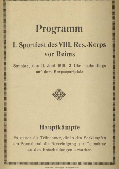 Programm eines Sportfest einer deutschen Armeeeinheit nahe dem französischen Reims, Broschüre, 1916