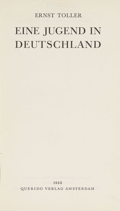 Titelblatt: Ernst Toller, Eine Jugend in Deutschland