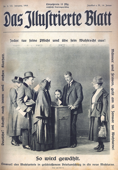 Das Illustrierte Blatt, Titelseite: Jeder tue seine Pflicht und übe sein Wahlrecht aus! Männer und Frauen, geht am 19. Januar zur Wahlurne!