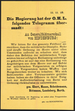 Poster: Telegram of the Reich government to the Army’s command on November 11, 1918.