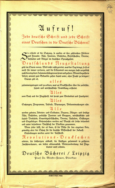 Call to send printed matter associated with the revolution to the Deutsche Bücherei in January, 1919.