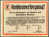 Poster: Coal supply. Notification by the Council of the City of Berlin on November 18, 1919.