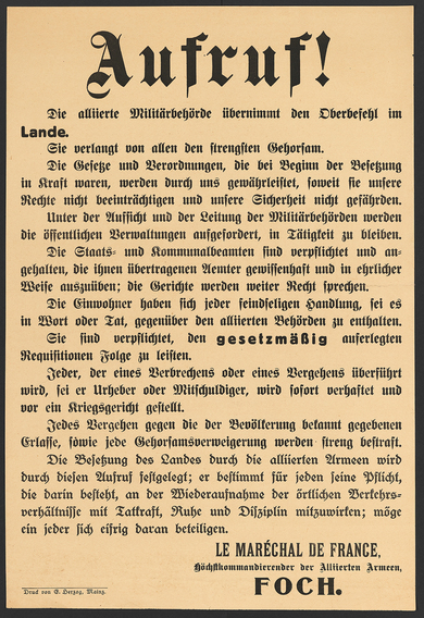 Poster: Announcement by the allied military authorities of Rhineland occupation.